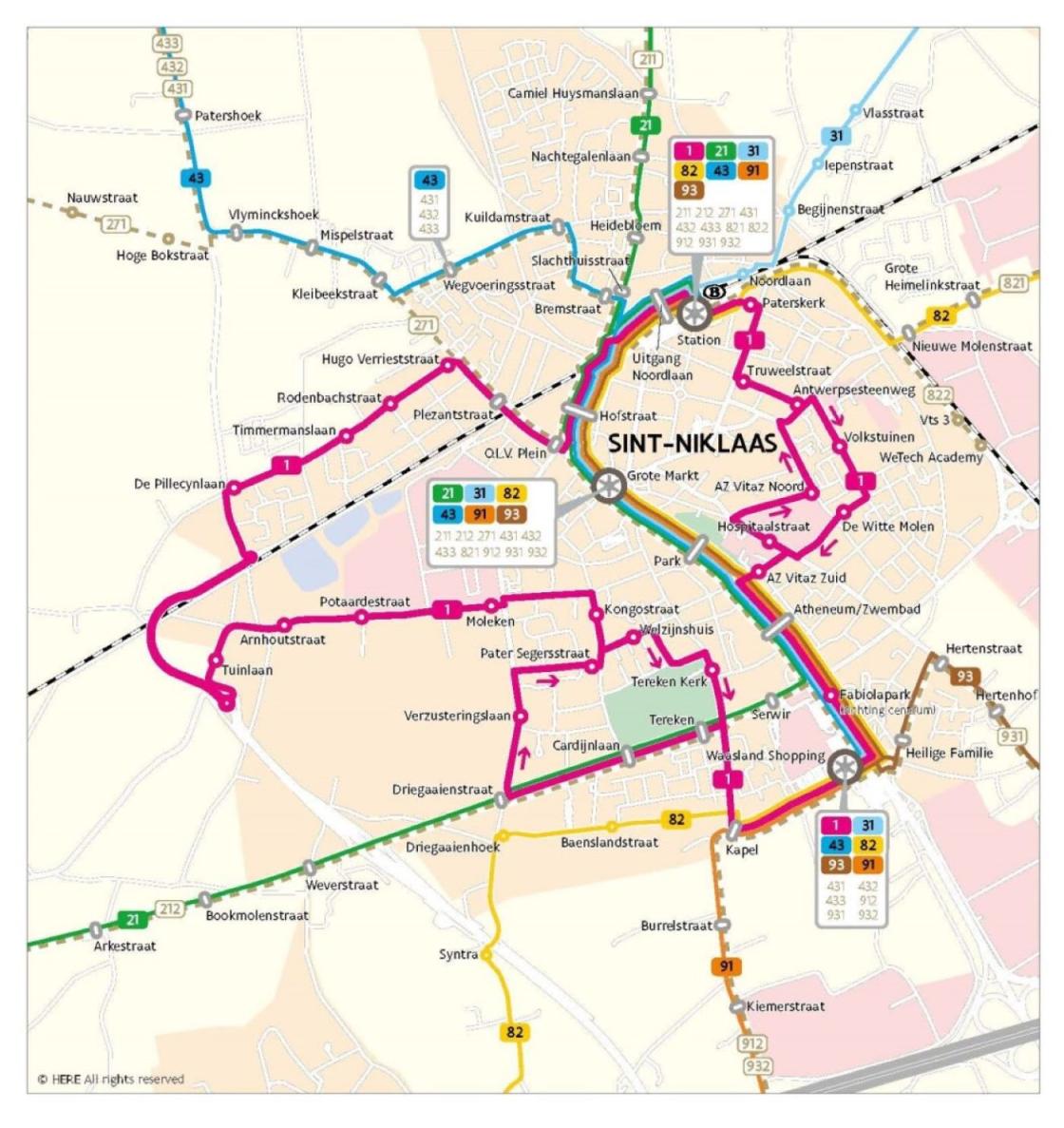 Schematische kaart Sint-Niklaas openbaar vervoer